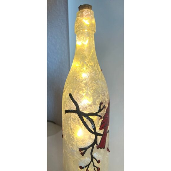 Hand Painted Bottle LED Starry Lights Winter Cardinal Scene Red Bird Christmas - Picture 6 of 9